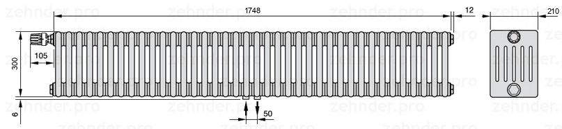 Схема (чертеж) Радиатор Zehnder Charleston 6030/38 №V007 Белый глянцевый RAL 9016